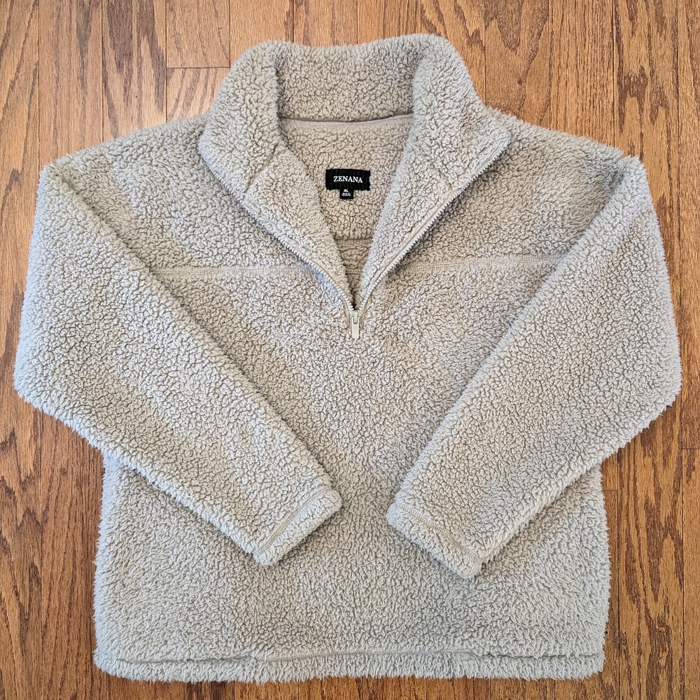Zenana Sherpa Sweater Beige Fuzzy Fleece Quarter Zip, Size XL Comfy Teddy Jacket